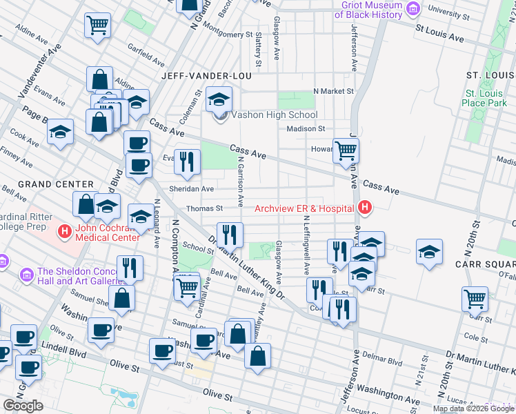 map of restaurants, bars, coffee shops, grocery stores, and more near 2933 Thomas Street in St. Louis