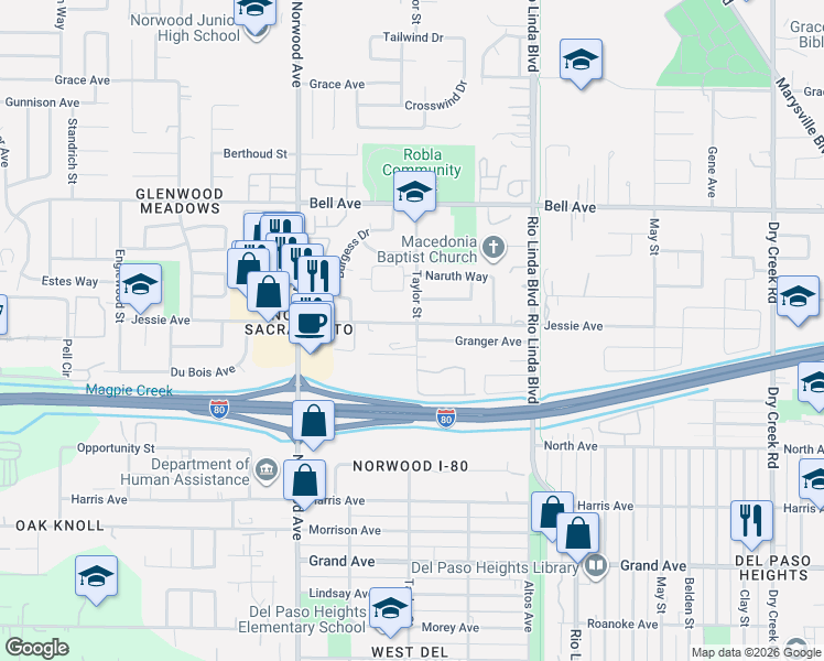map of restaurants, bars, coffee shops, grocery stores, and more near in Sacramento