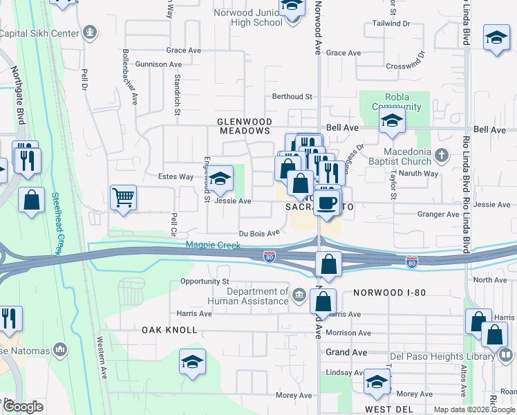 map of restaurants, bars, coffee shops, grocery stores, and more near 300 Yampa Circle in Sacramento