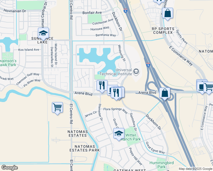 map of restaurants, bars, coffee shops, grocery stores, and more near 4751 Windsong Street in Sacramento