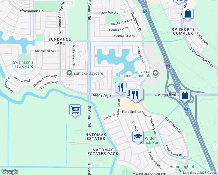 map of restaurants, bars, coffee shops, grocery stores, and more near 4208 Atrium Way in Sacramento
