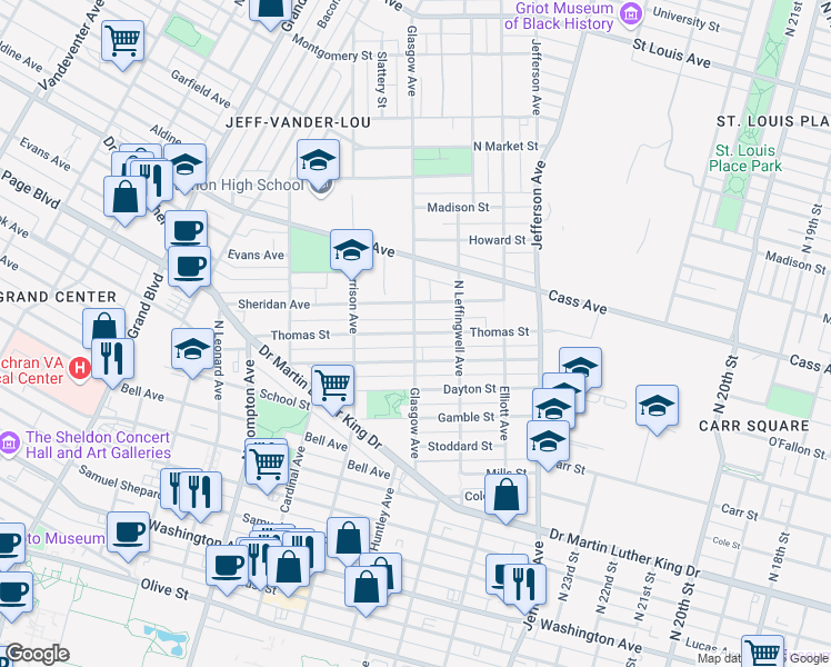 map of restaurants, bars, coffee shops, grocery stores, and more near 1356 Glasgow Avenue in St. Louis
