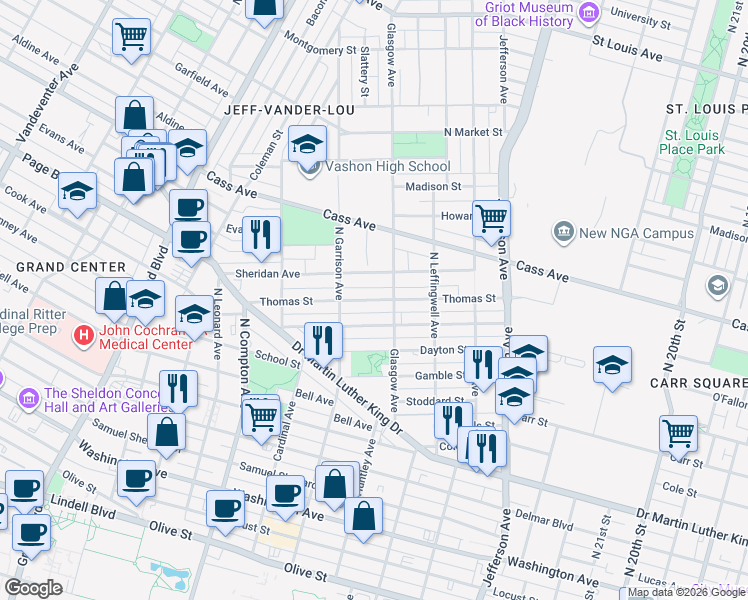 map of restaurants, bars, coffee shops, grocery stores, and more near 2936 Sheridan Avenue in St. Louis
