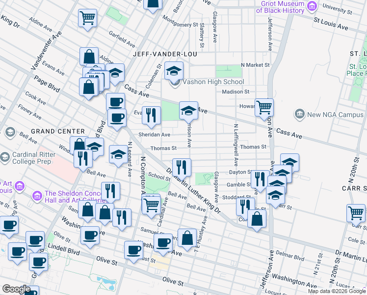 map of restaurants, bars, coffee shops, grocery stores, and more near 3014 Sheridan Avenue in St. Louis
