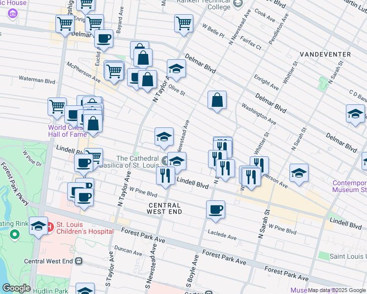 map of restaurants, bars, coffee shops, grocery stores, and more near 4400 McPherson Avenue in St. Louis