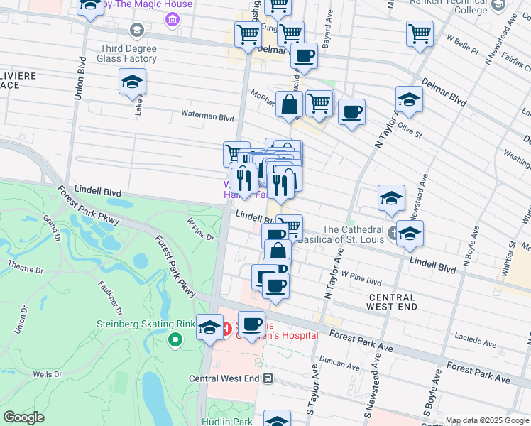 map of restaurants, bars, coffee shops, grocery stores, and more near 221 York Avenue in St. Louis