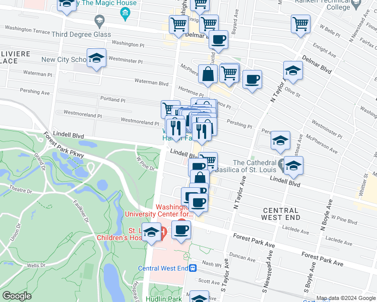map of restaurants, bars, coffee shops, grocery stores, and more near 221 York Avenue in St. Louis