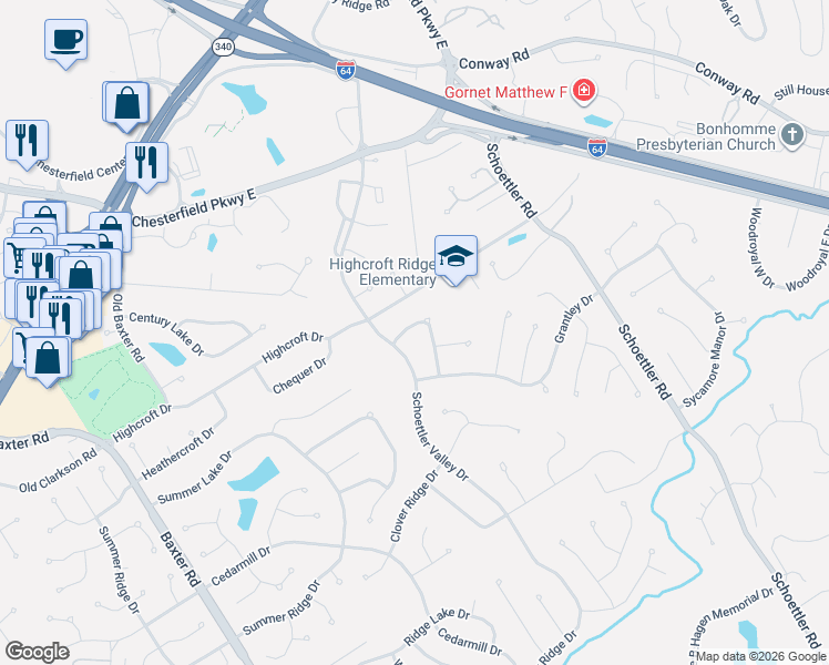 map of restaurants, bars, coffee shops, grocery stores, and more near 15442 Highcroft Drive in Chesterfield