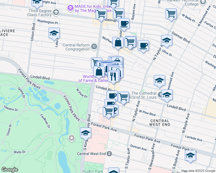 map of restaurants, bars, coffee shops, grocery stores, and more near 221 York Avenue in St. Louis