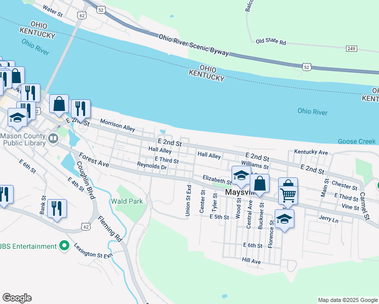 map of restaurants, bars, coffee shops, grocery stores, and more near 701 East 2nd Street in Maysville
