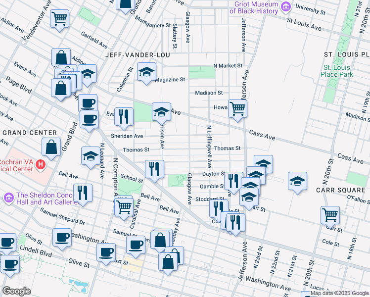 map of restaurants, bars, coffee shops, grocery stores, and more near 2909 Thomas Street in St. Louis