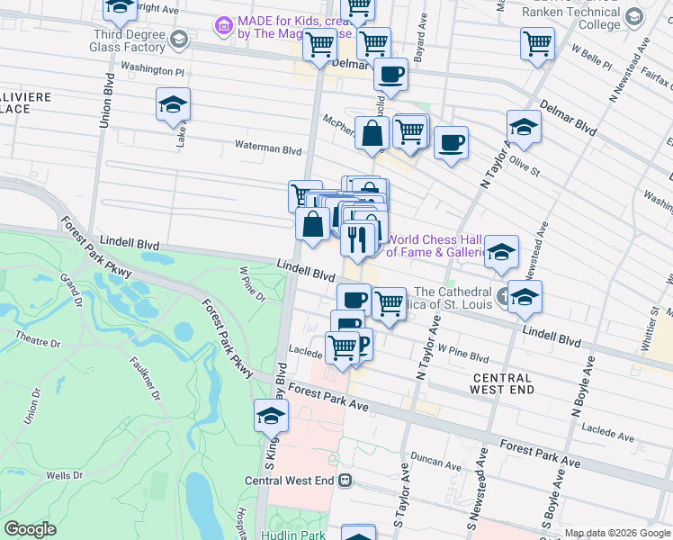 map of restaurants, bars, coffee shops, grocery stores, and more near 4931 Lindell Boulevard in Saint Louis