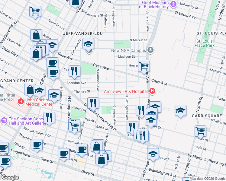 map of restaurants, bars, coffee shops, grocery stores, and more near 2905 Thomas Street in St. Louis
