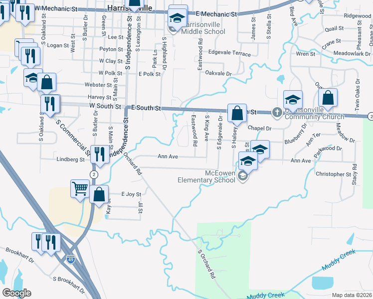 map of restaurants, bars, coffee shops, grocery stores, and more near 1502 Eastwood Road in Harrisonville