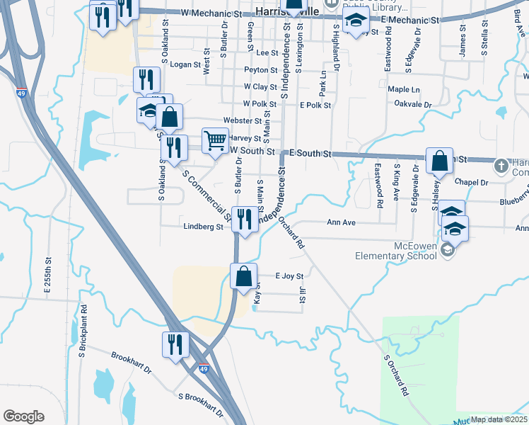 map of restaurants, bars, coffee shops, grocery stores, and more near 1601 South Main Street in Harrisonville