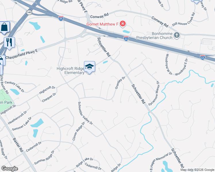map of restaurants, bars, coffee shops, grocery stores, and more near 1800 Shadywood Court in Chesterfield