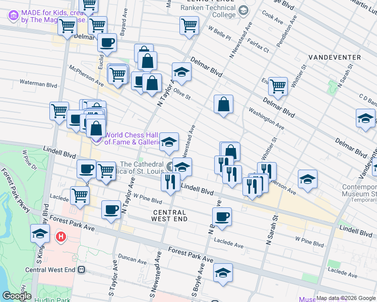 map of restaurants, bars, coffee shops, grocery stores, and more near 4400 McPherson Avenue in St. Louis