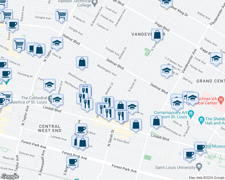 map of restaurants, bars, coffee shops, grocery stores, and more near 4165 Olive Street in St. Louis