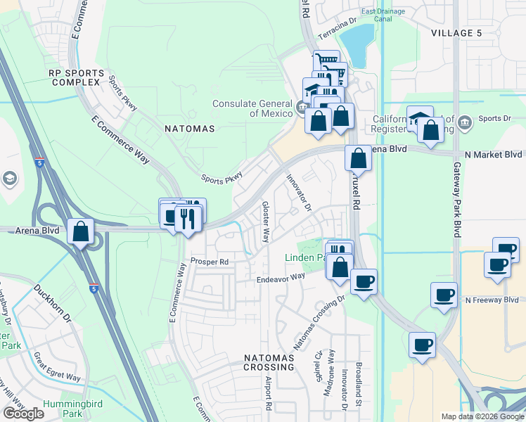 map of restaurants, bars, coffee shops, grocery stores, and more near 2408 Arena Boulevard in Sacramento