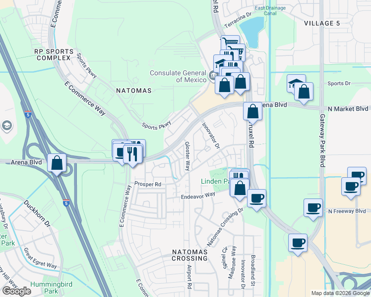 map of restaurants, bars, coffee shops, grocery stores, and more near 2408 Arena Boulevard in Sacramento