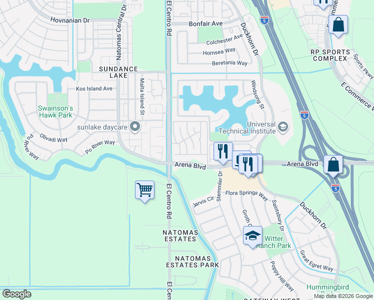 map of restaurants, bars, coffee shops, grocery stores, and more near 4208 Atrium Way in Sacramento