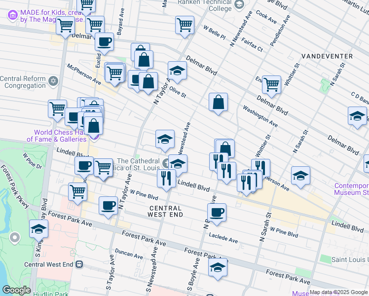 map of restaurants, bars, coffee shops, grocery stores, and more near 4400 McPherson Avenue in St. Louis