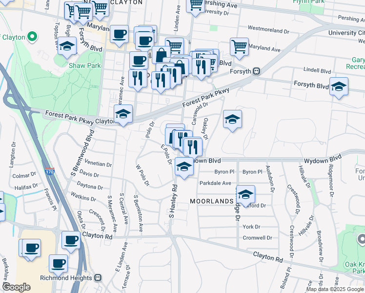 map of restaurants, bars, coffee shops, grocery stores, and more near 438 South Hanley Road in Clayton