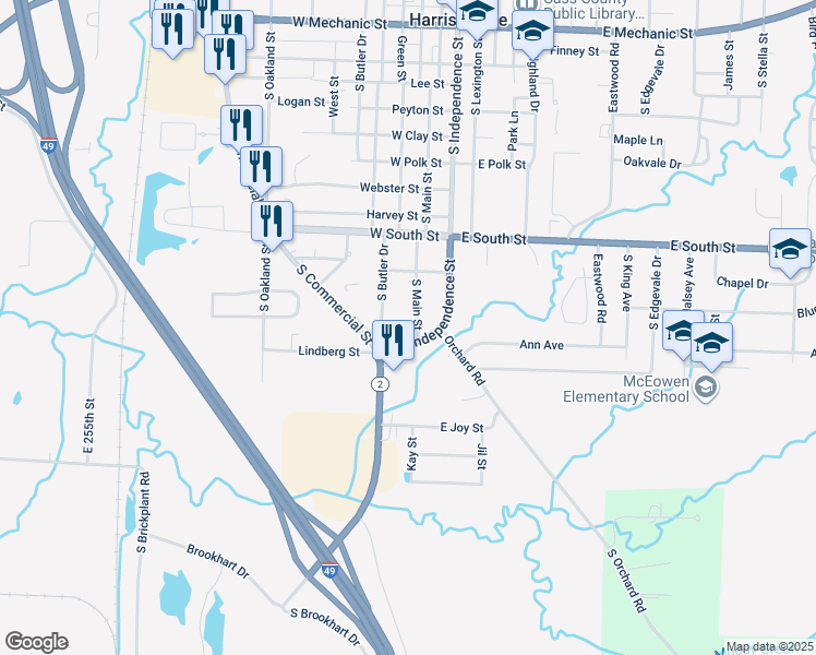 map of restaurants, bars, coffee shops, grocery stores, and more near 1601 South Butler Drive in Harrisonville