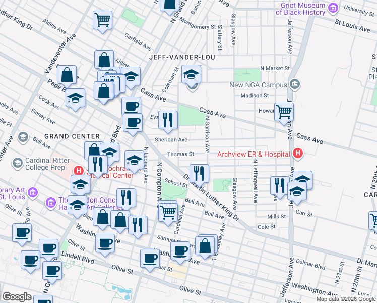 map of restaurants, bars, coffee shops, grocery stores, and more near 3043 Thomas Street in St. Louis