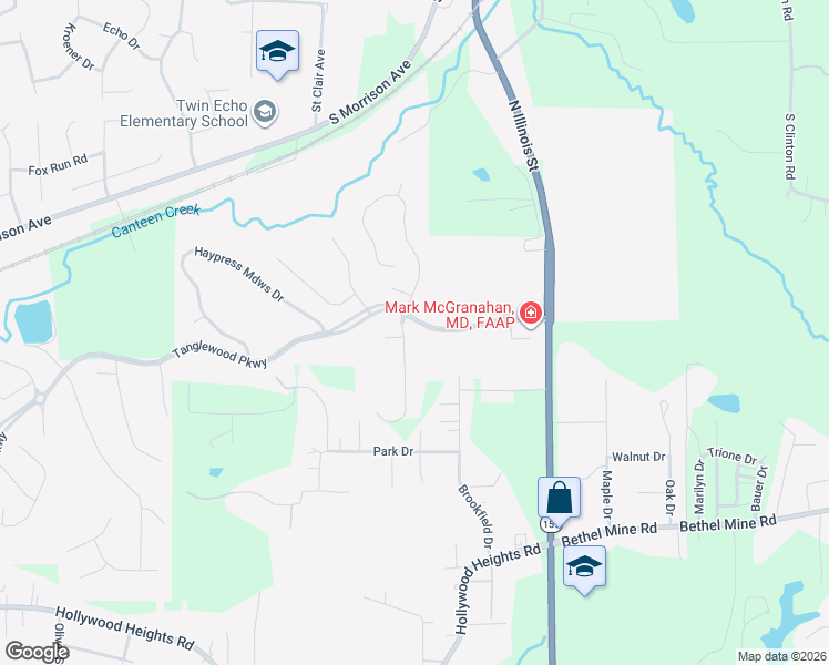 map of restaurants, bars, coffee shops, grocery stores, and more near 8003 Blackwood Ridge in Caseyville