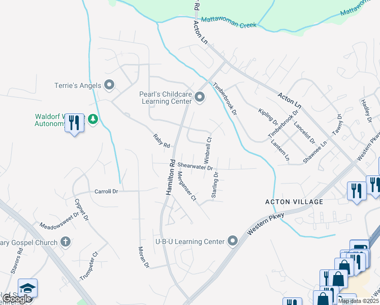 map of restaurants, bars, coffee shops, grocery stores, and more near 2605 Gannet Court in Waldorf
