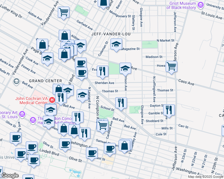map of restaurants, bars, coffee shops, grocery stores, and more near 3055 Thomas Street in St. Louis