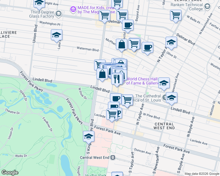 map of restaurants, bars, coffee shops, grocery stores, and more near 4931 Lindell Boulevard in St. Louis