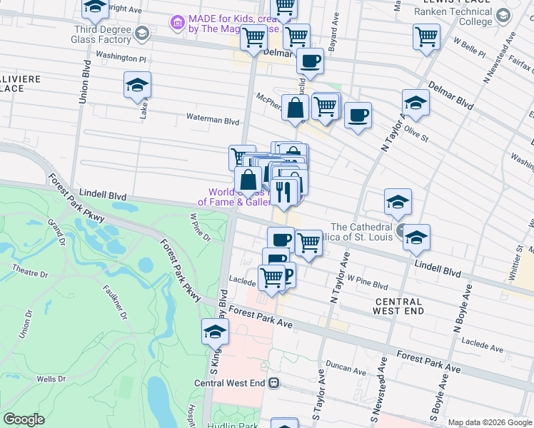 map of restaurants, bars, coffee shops, grocery stores, and more near 4931 Lindell Boulevard in Saint Louis