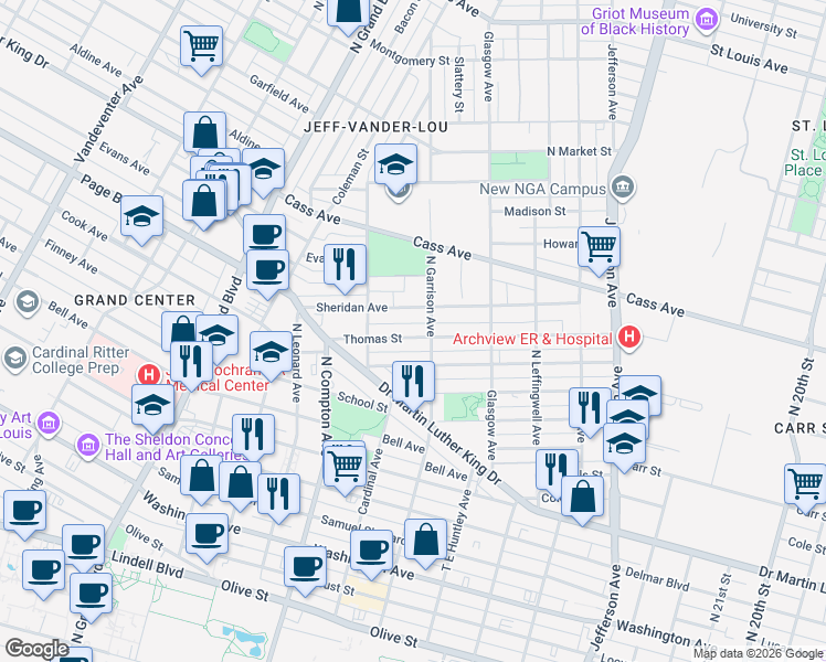 map of restaurants, bars, coffee shops, grocery stores, and more near 3017 Thomas Street in St. Louis