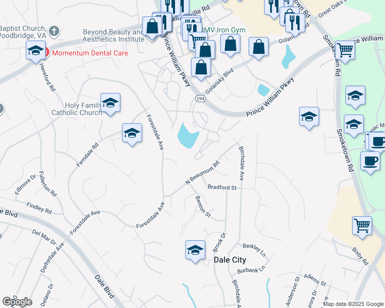 map of restaurants, bars, coffee shops, grocery stores, and more near 14166 Cuddy Loop in Woodbridge