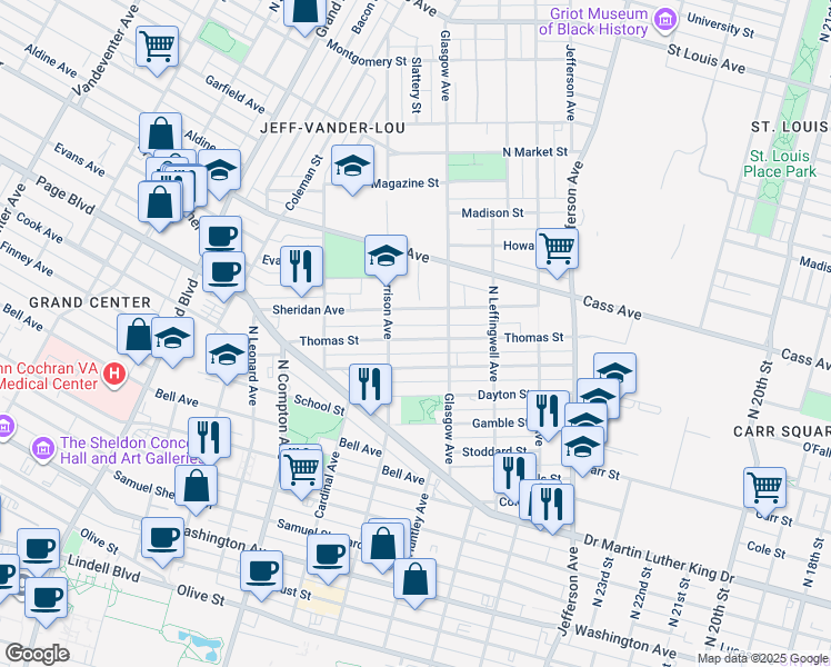 map of restaurants, bars, coffee shops, grocery stores, and more near 2933 Thomas Street in St. Louis
