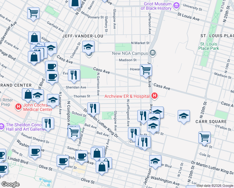 map of restaurants, bars, coffee shops, grocery stores, and more near 2839 Thomas Street in St. Louis