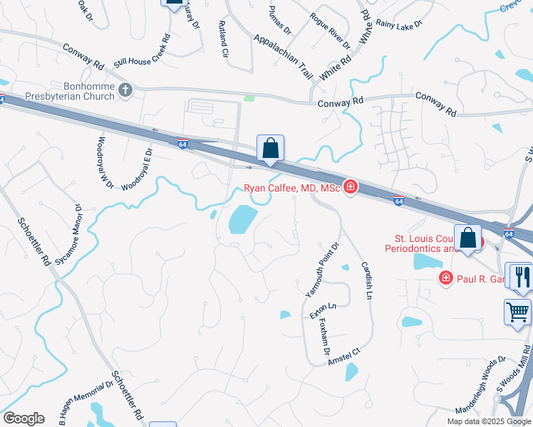 map of restaurants, bars, coffee shops, grocery stores, and more near 14602 Mallard Lake Drive in Chesterfield
