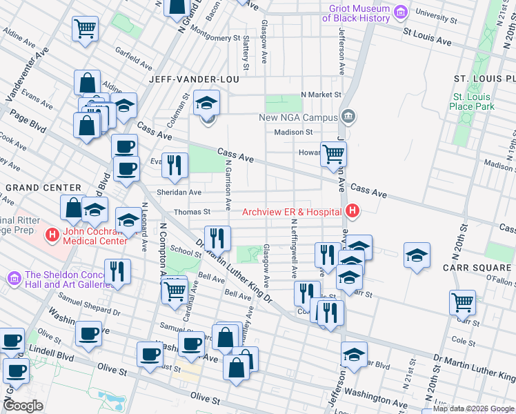 map of restaurants, bars, coffee shops, grocery stores, and more near 2909 Thomas Street in St. Louis