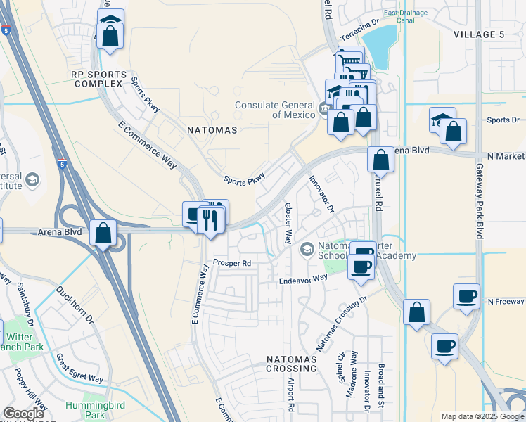 map of restaurants, bars, coffee shops, grocery stores, and more near 160 Promenade Circle in Sacramento