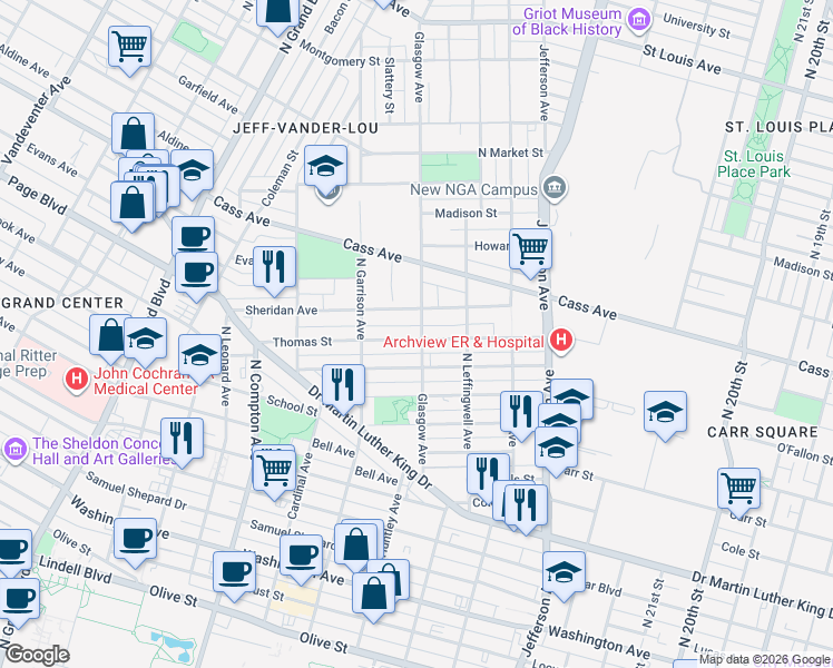map of restaurants, bars, coffee shops, grocery stores, and more near 2901 Thomas Street in St. Louis