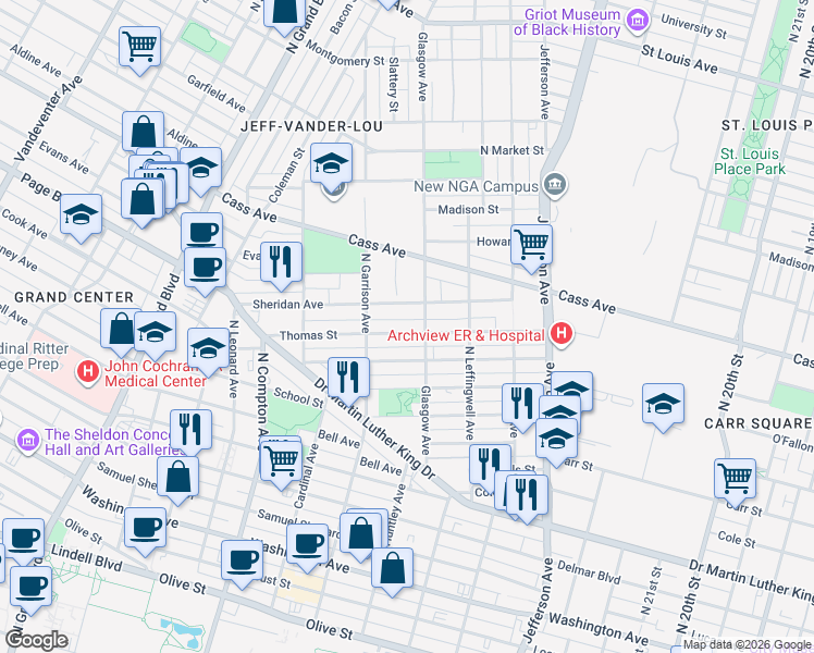 map of restaurants, bars, coffee shops, grocery stores, and more near 2917 Thomas Street in St. Louis
