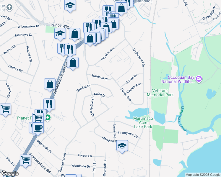 map of restaurants, bars, coffee shops, grocery stores, and more near 14114 Randall Drive in Woodbridge
