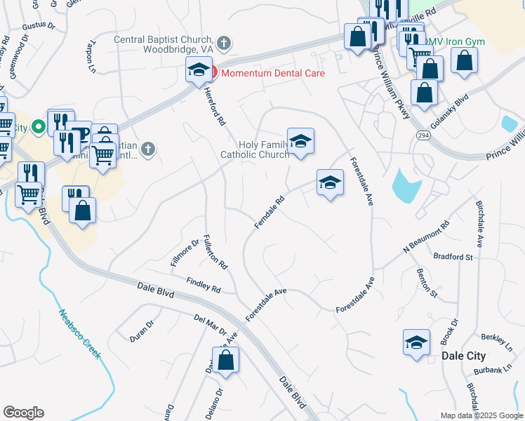 map of restaurants, bars, coffee shops, grocery stores, and more near 14214 Ferndale Road in Woodbridge