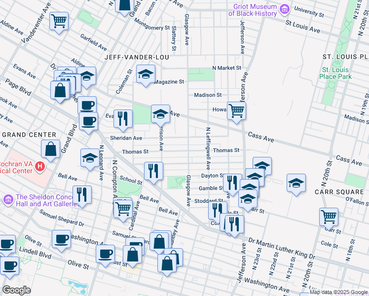 map of restaurants, bars, coffee shops, grocery stores, and more near 2905 Thomas Street in St. Louis
