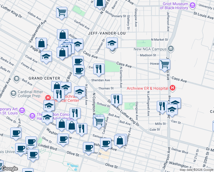 map of restaurants, bars, coffee shops, grocery stores, and more near 3054 Sheridan Avenue in St. Louis