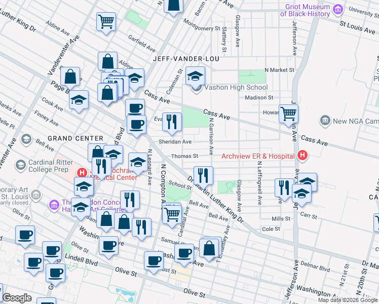 map of restaurants, bars, coffee shops, grocery stores, and more near 3051 Thomas Street in St. Louis