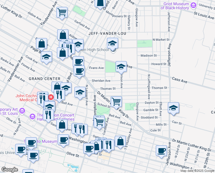 map of restaurants, bars, coffee shops, grocery stores, and more near 3059 Thomas Street in St. Louis