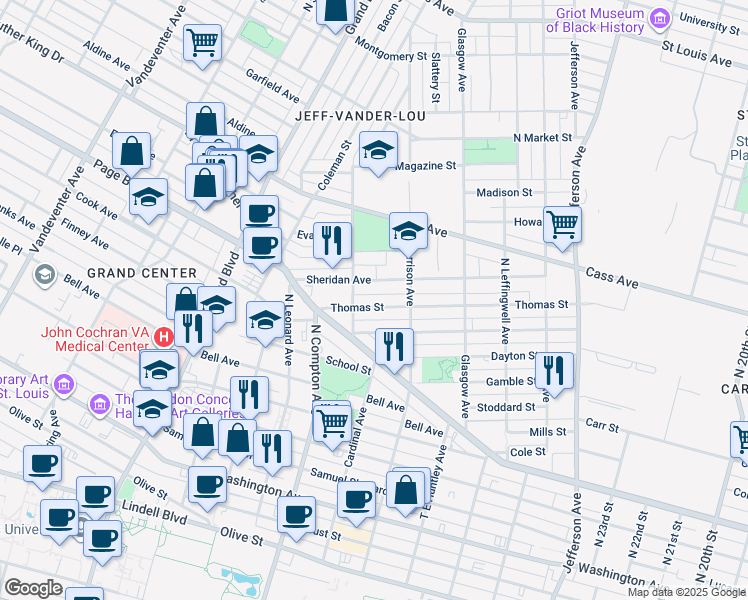 map of restaurants, bars, coffee shops, grocery stores, and more near 3043 Thomas Street in St. Louis